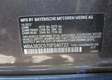 2013 BMW 328I xDrive z USA, uszkodzony, nr VIN WBA3B3C57DF540722